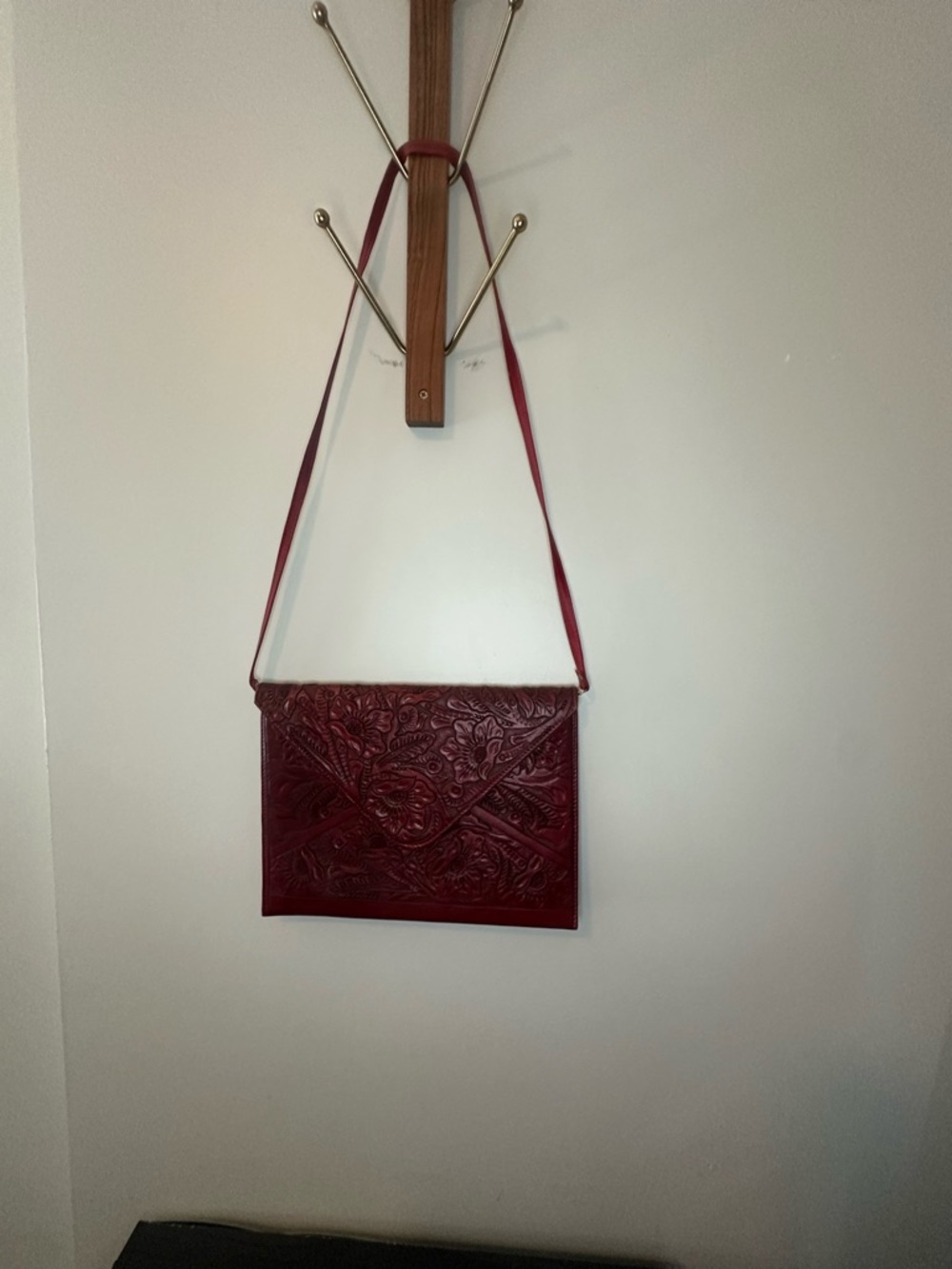 Women's Red Tooled Leather Crossbody Bag